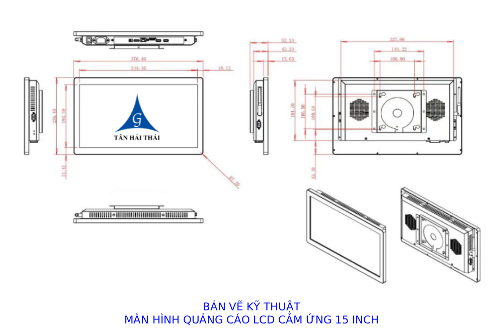 bản vẽ kỹ thuật màn hình quảng cáo LCD 15 inches cảm ứng