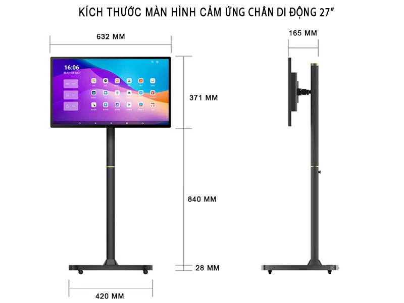 Kích thước chi tiết của Màn hình di động 27inch Tân Hải Thái