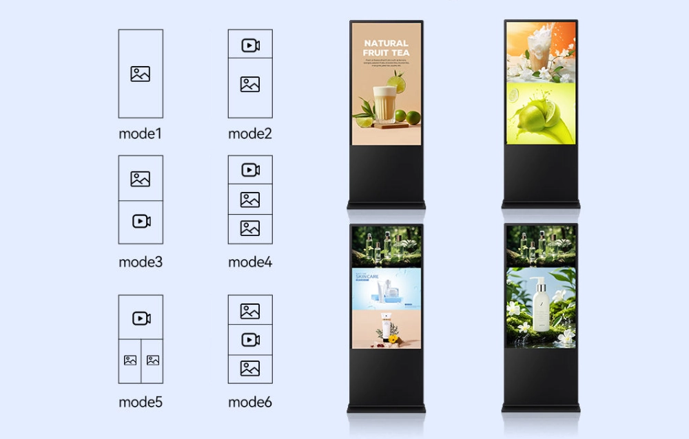 màn hình quảng cáo LCD 65inch chân đứng có thể phân chia khu vực hiển thị thông minh