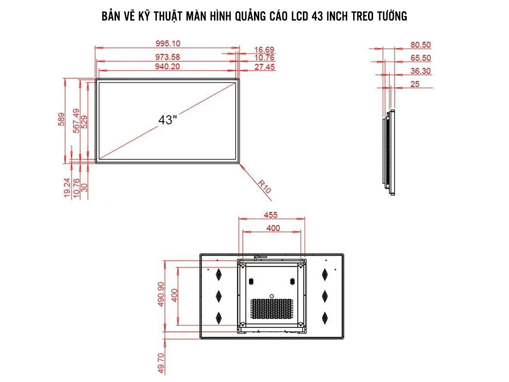 Bản vẽ kỹ thuật Màn hình quảng cáo LCD 43inch treo tường