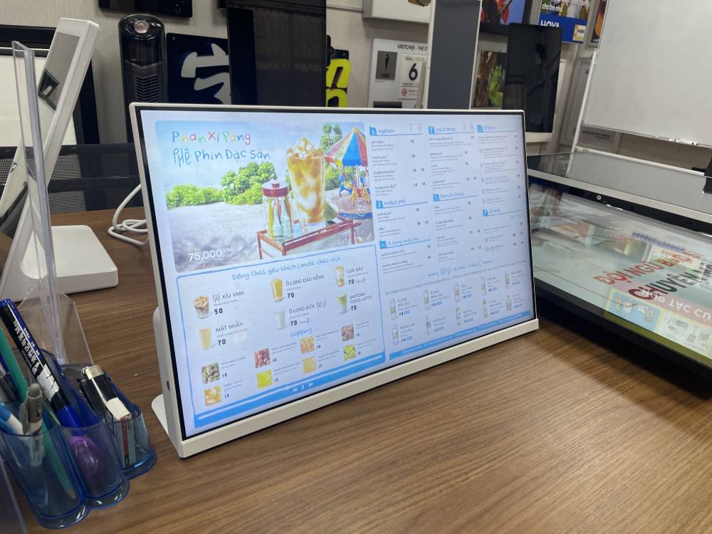 màn hình quảng cáo lcd 24inch làm menu để bàn cho quán cà phê, trà sữa
